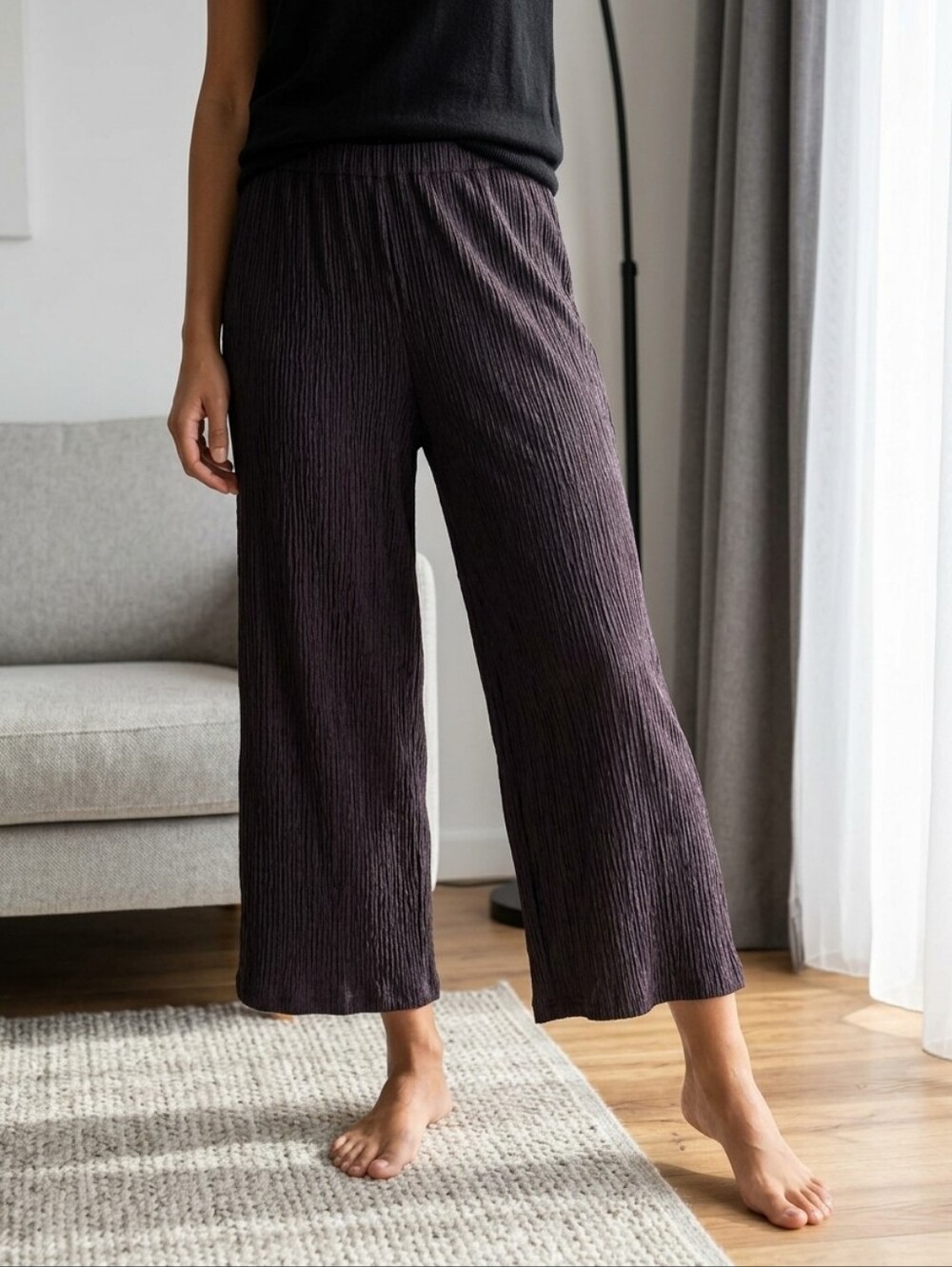 Eileen Fisher SZ S Petite Gray Crepe Pull On Relaxed Fit Pant Split Hem Baggy